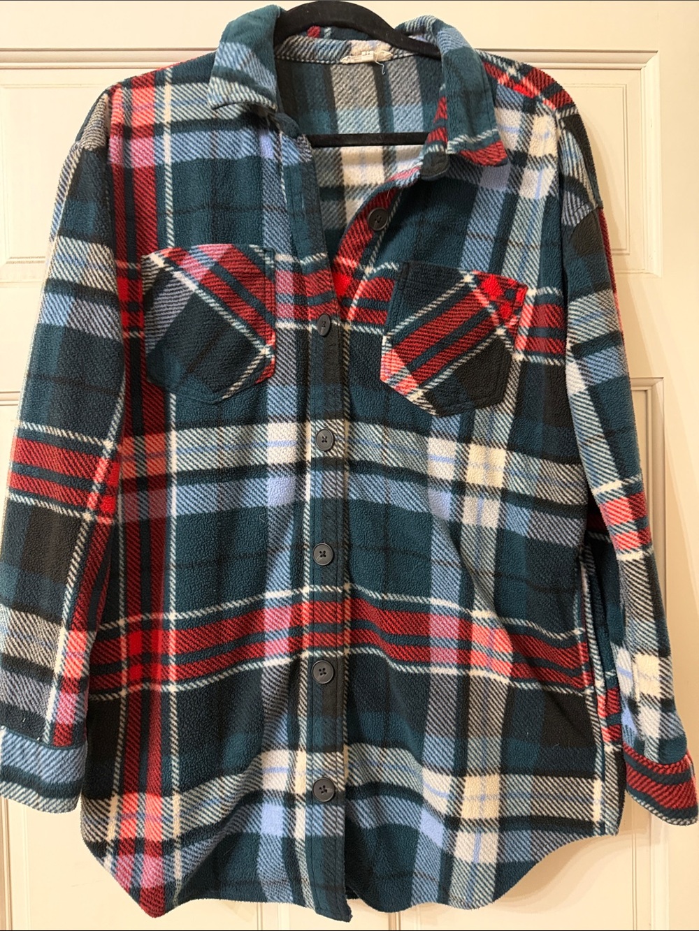 Maurices Teal, Red & Cream Plaid Fleece Shirt Jacket